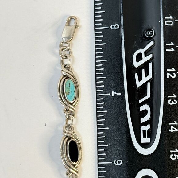 Vintage Boho SW 925 Silver Multi Stone Cabochon Link Bracelet 7" Turquoise Onyx - Picture 9 of 11